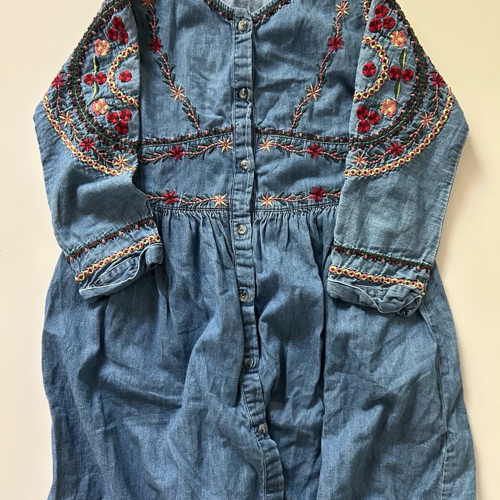 Zara Kids Denim Dress with Embroidered Floral Design
